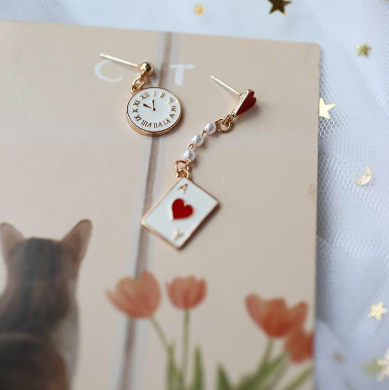Asymmetric Dreamy Clock and Poker Card Earrings