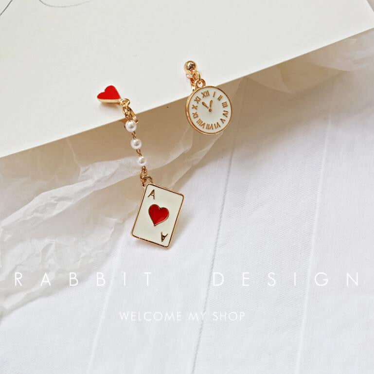 Asymmetric Dreamy Clock and Poker Card Earrings