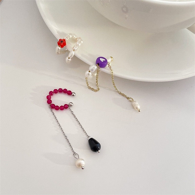 Single Coloured Crystals and Pearls Ear Clip Collection