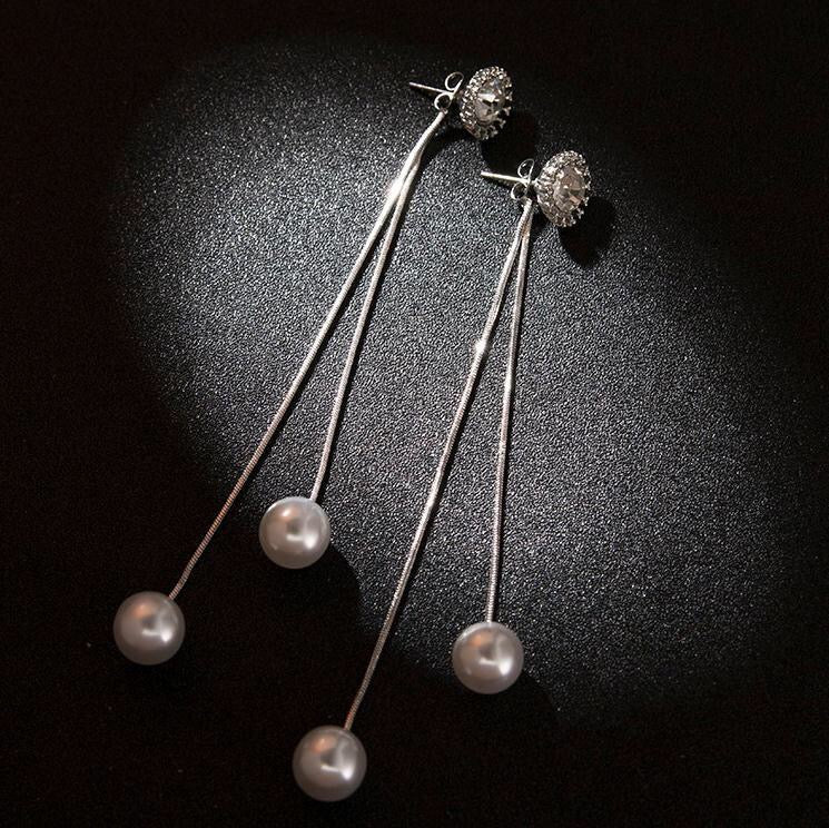 Sunshine Rhinestone Long Slinky Tassel with Pearls Earrings