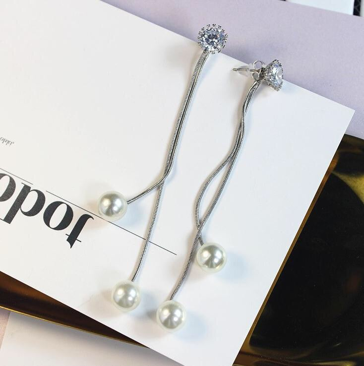 Sunshine Rhinestone Long Slinky Tassel with Pearls Earrings