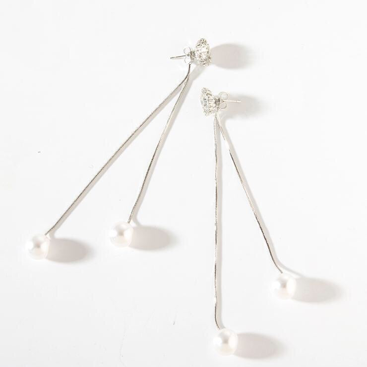 Sunshine Rhinestone Long Slinky Tassel with Pearls Earrings