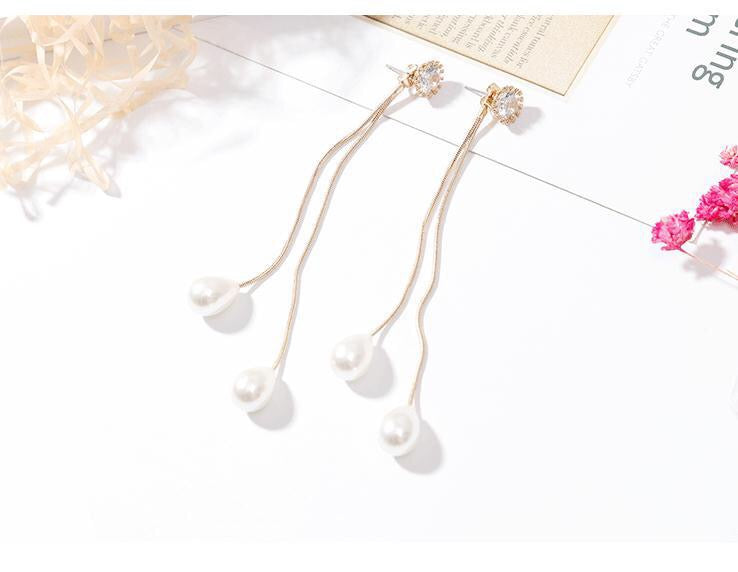 Sunshine Rhinestone Long Slinky Tassel with Pearls Earrings