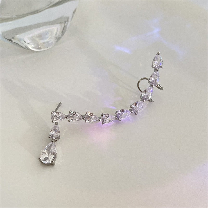 Single Shining Arc-Shaped Multi Zircon Water Drops Ear Stud and Clip
