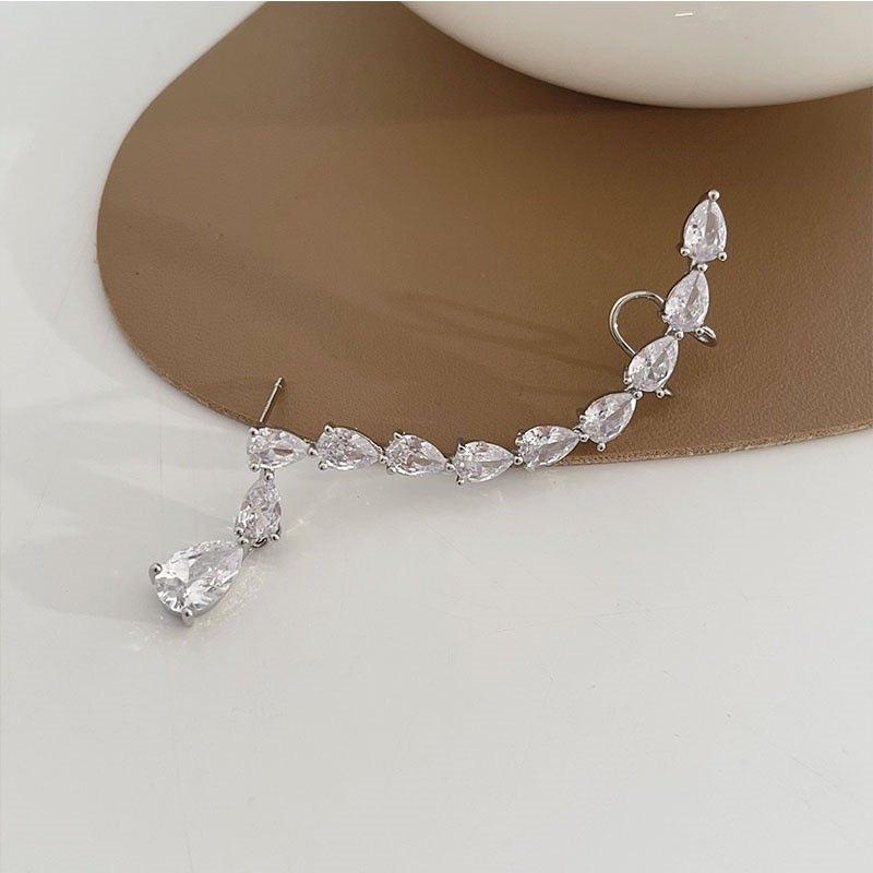 Single Shining Arc-Shaped Multi Zircon Water Drops Ear Stud and Clip