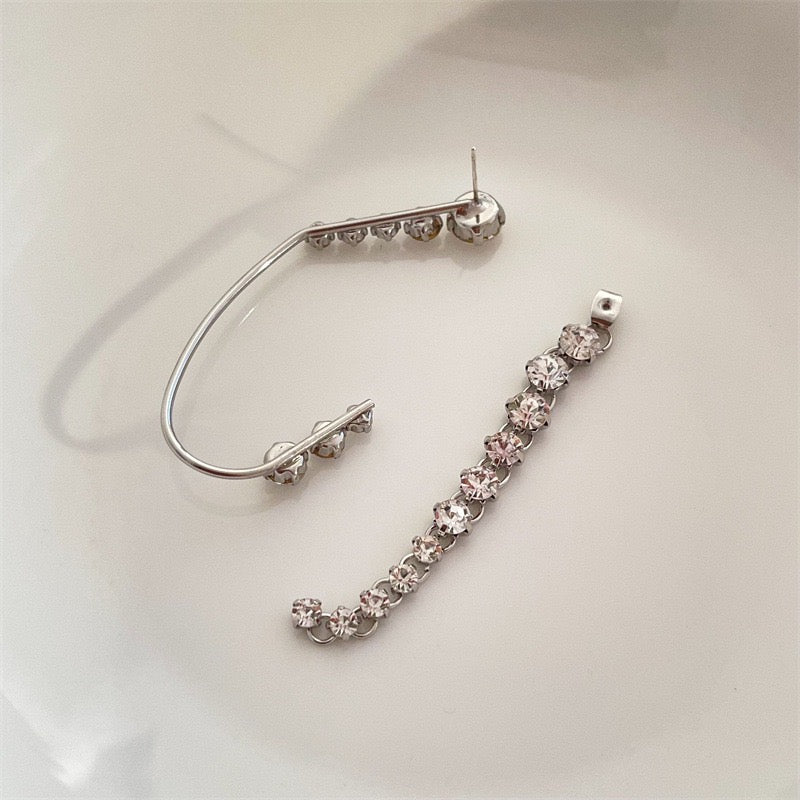 Two-Way Arc-Shaped Multi-Rhinestone Tassel Ear Stud and Ear-Hook