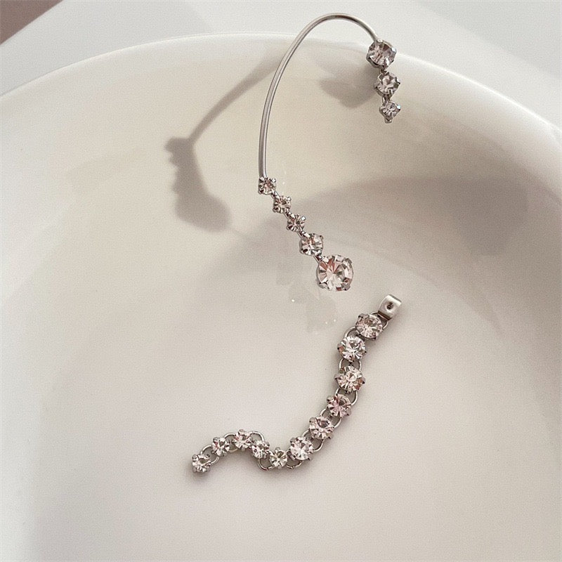 Two-Way Arc-Shaped Multi-Rhinestone Tassel Ear Stud and Ear-Hook