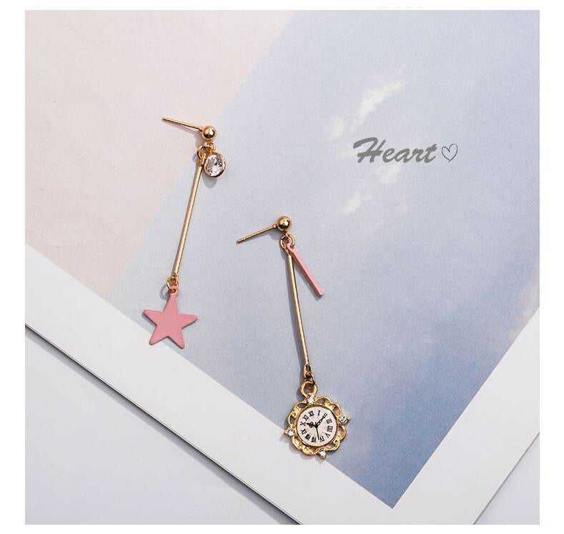 Asymmetric Star and Clock Dangling Earrings
