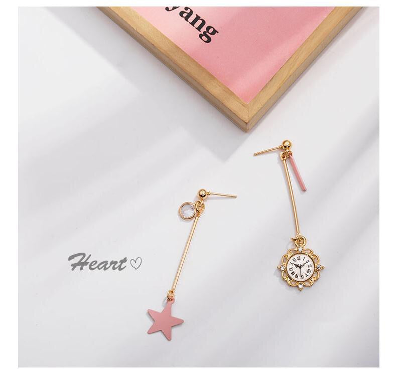 Asymmetric Star and Clock Dangling Earrings