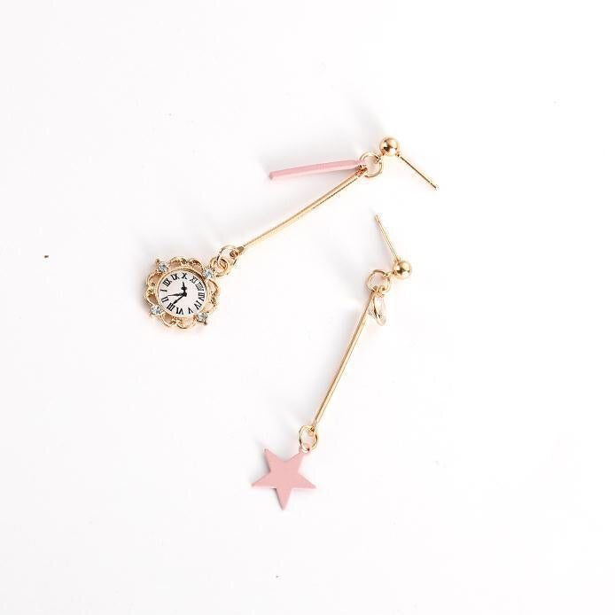 Asymmetric Star and Clock Dangling Earrings