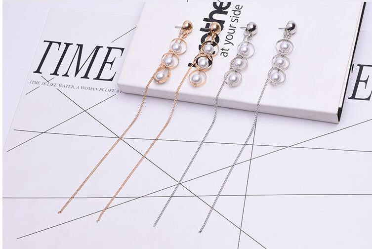 Triple Pearl-in-Hoop Long Single Tassel Earrings