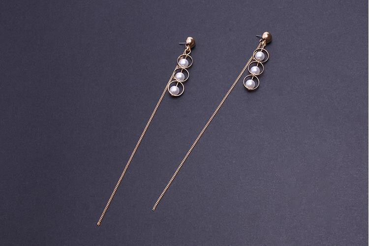 Triple Pearl-in-Hoop Long Single Tassel Earrings