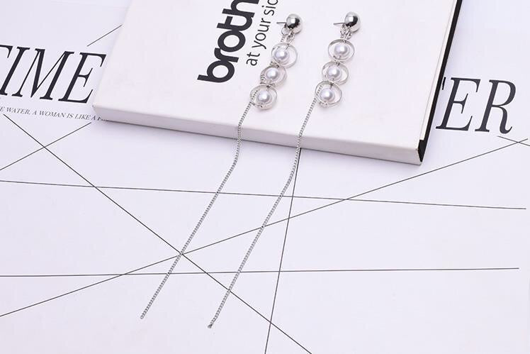 Triple Pearl-in-Hoop Long Single Tassel Earrings