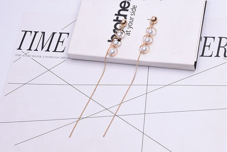 Triple Pearl-in-Hoop Long Single Tassel Earrings