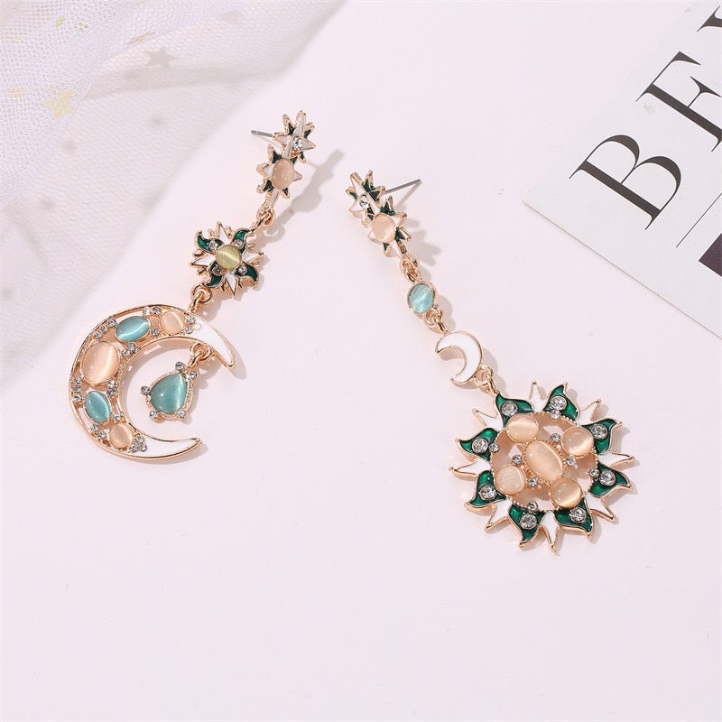Asymmetric Baroque Sun and Moon Opal Long Earrings