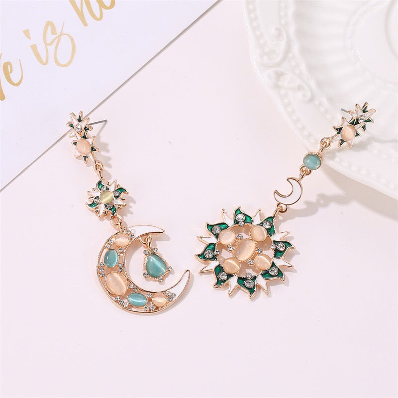 Asymmetric Baroque Sun and Moon Opal Long Earrings