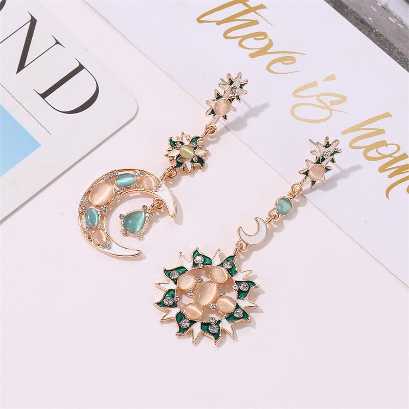 Asymmetric Baroque Sun and Moon Opal Long Earrings