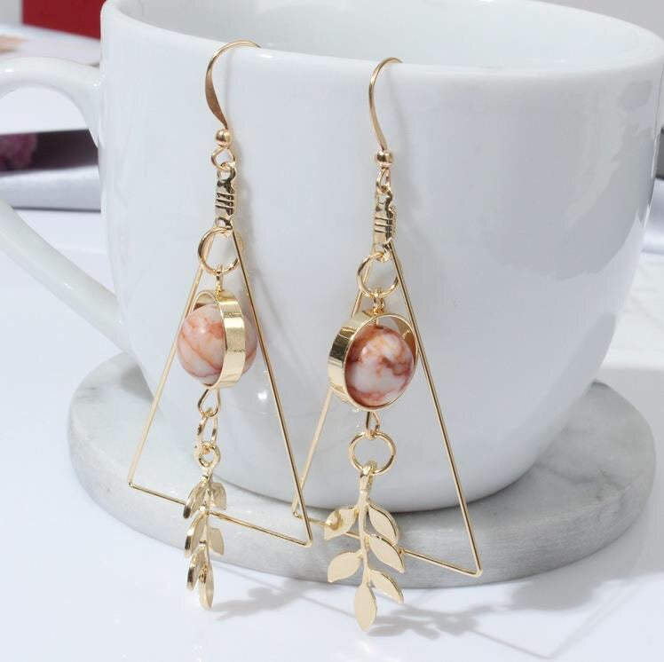 Stone Ball and Leaf in Triangle Earrings