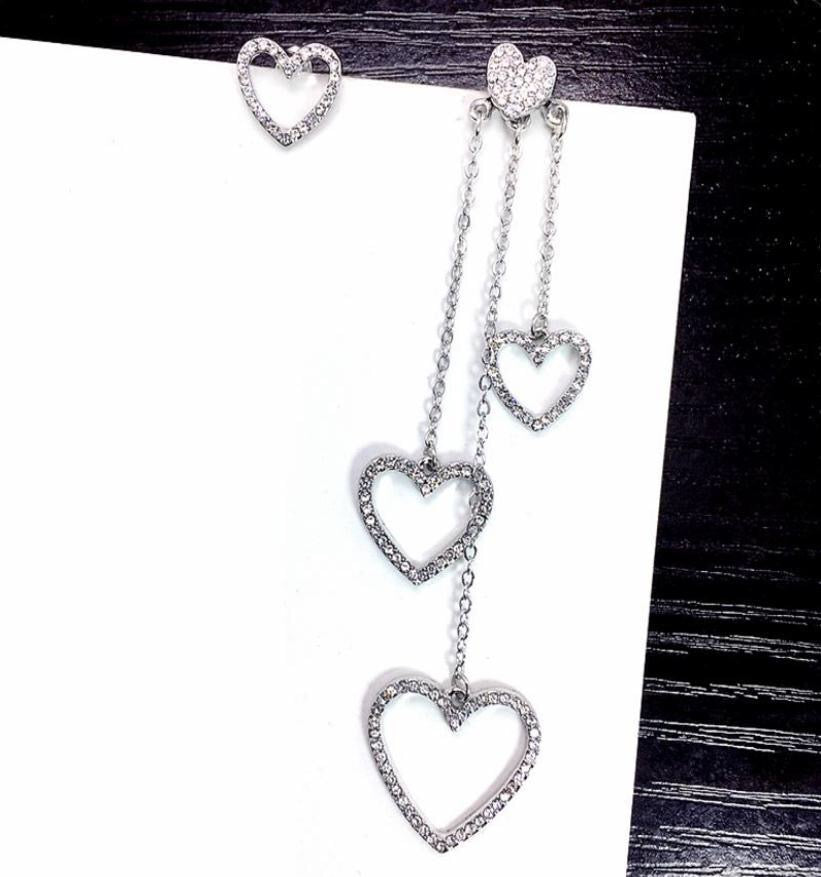 Asymmetric Rhinestone Hearts Tassel Earrings