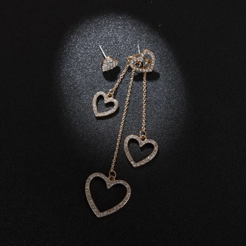 Asymmetric Rhinestone Hearts Tassel Earrings