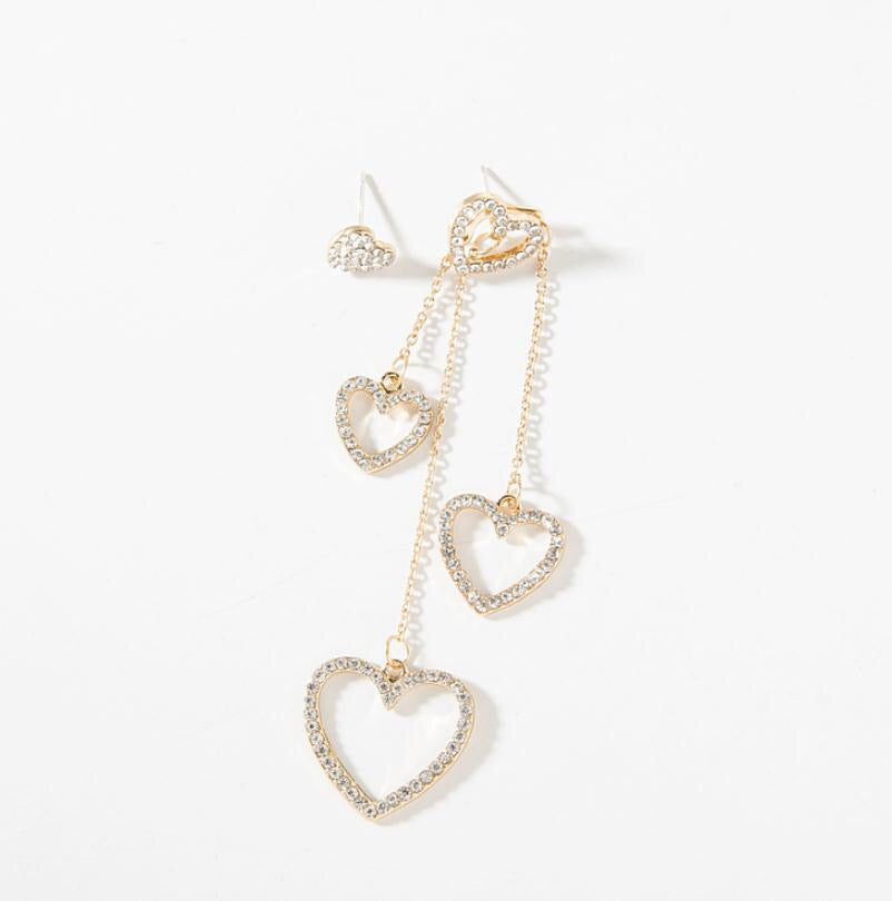 Asymmetric Rhinestone Hearts Tassel Earrings