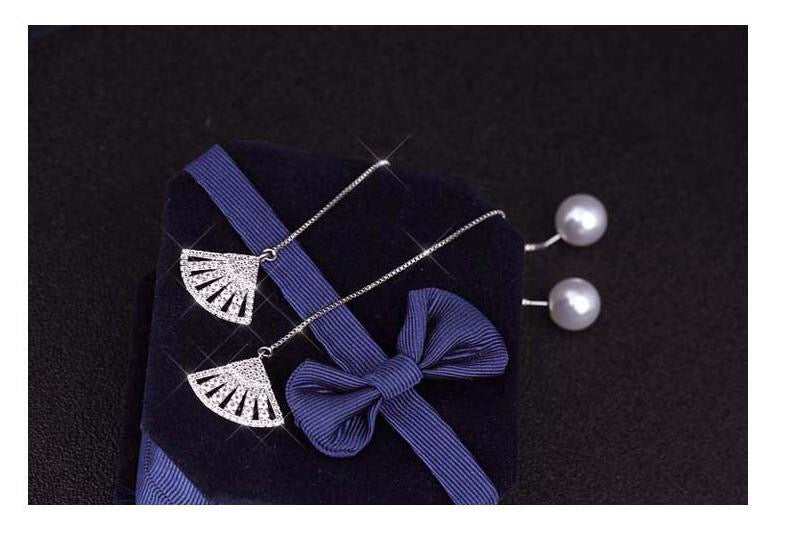 Pearl Stud with Long Chained Rhinestone Fan Earrings