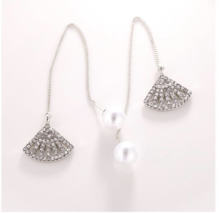 Pearl Stud with Long Chained Rhinestone Fan Earrings