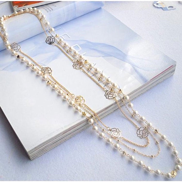 Multi layer pearl with roses necklace