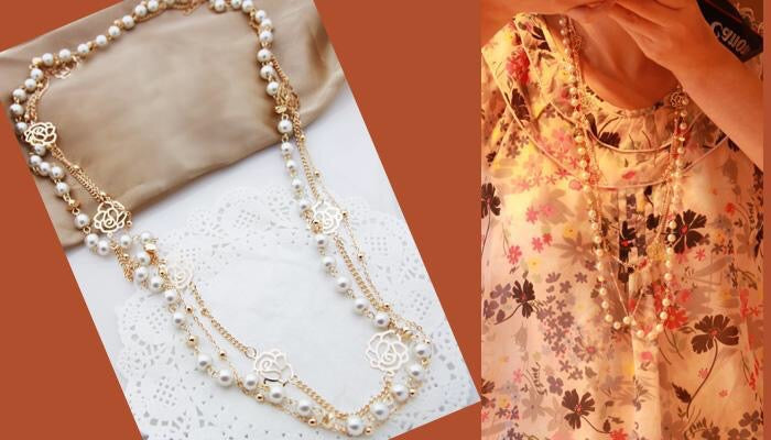 Multi layer pearl with roses necklace