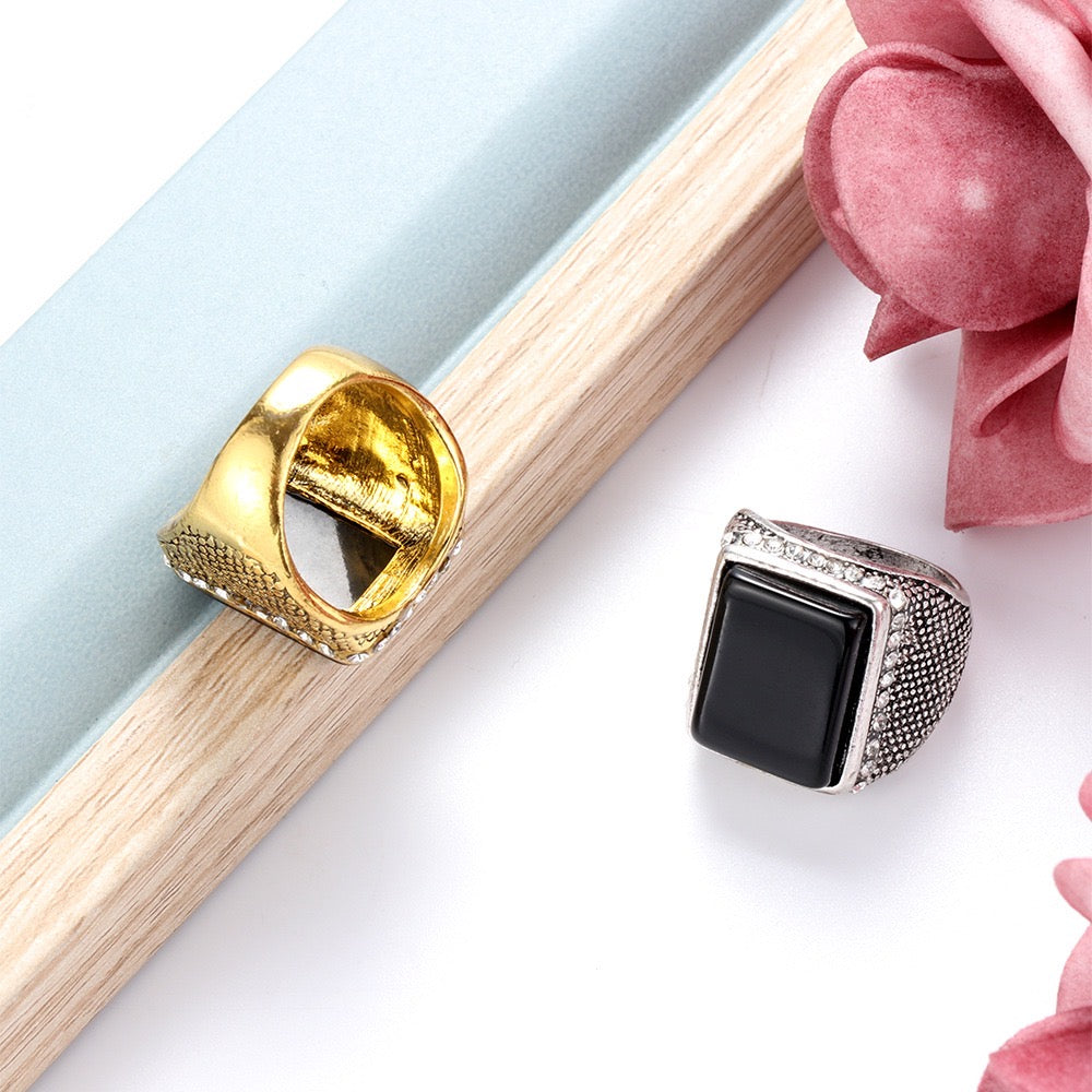 Rectangle Resin Gemstone Circled by Rhinestones Ring