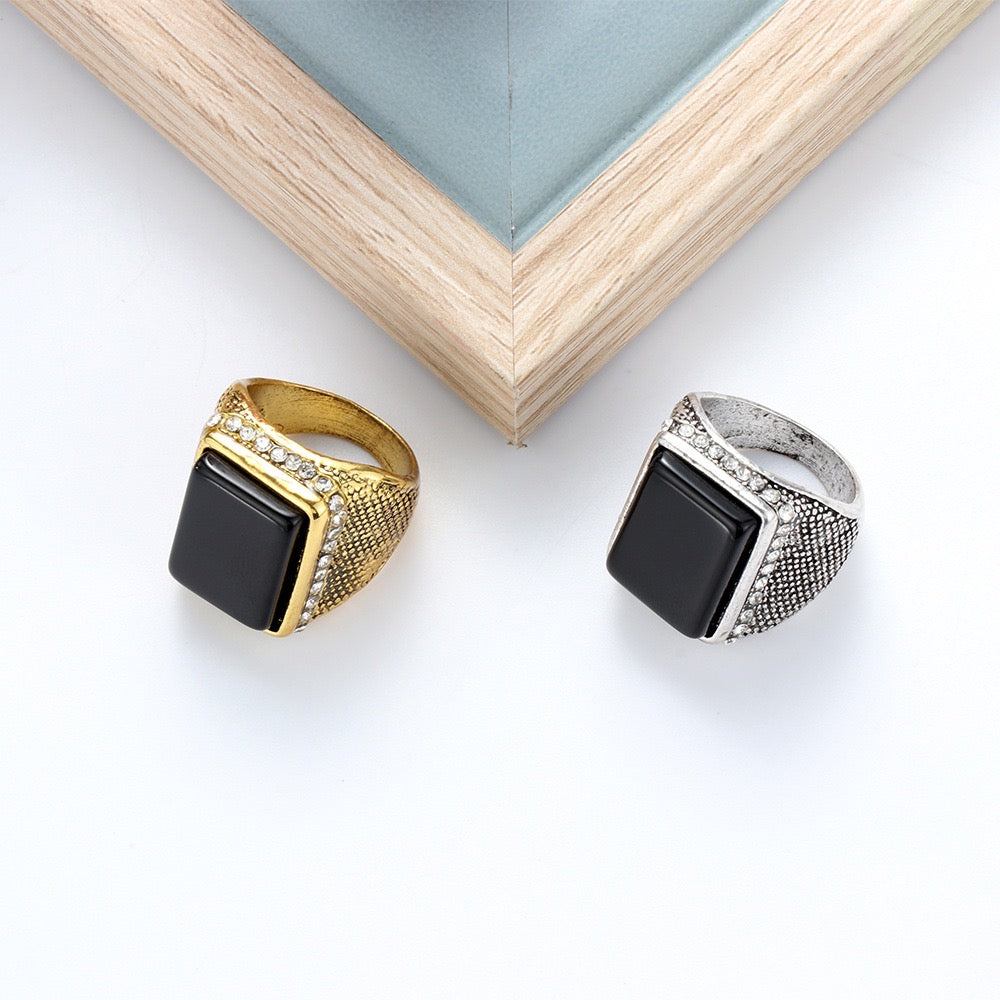 Rectangle Resin Gemstone Circled by Rhinestones Ring