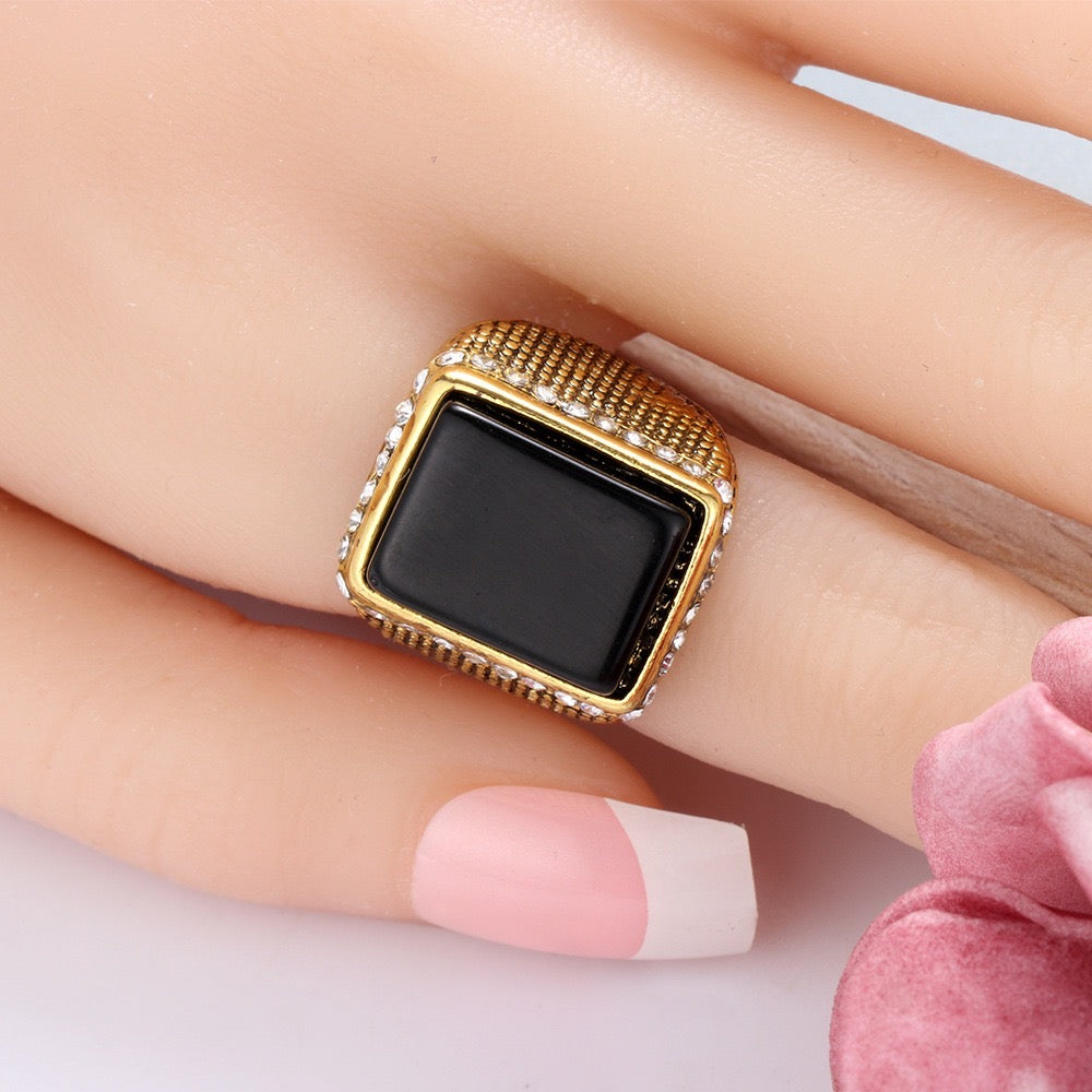 Rectangle Resin Gemstone Circled by Rhinestones Ring