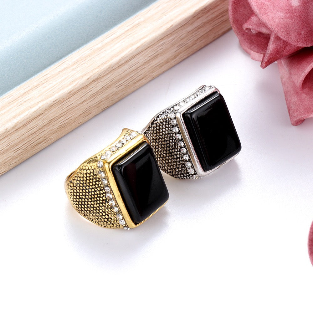 Rectangle Resin Gemstone Circled by Rhinestones Ring