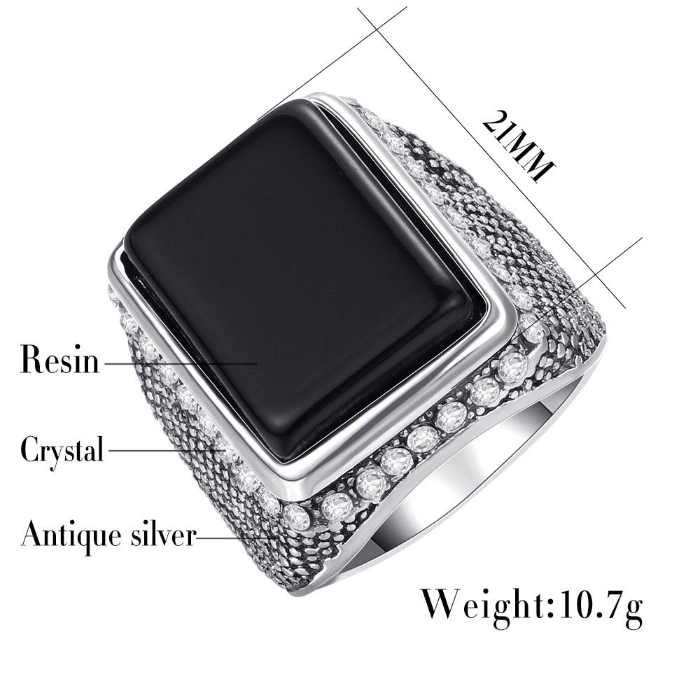 Rectangle Resin Gemstone Circled by Rhinestones Ring