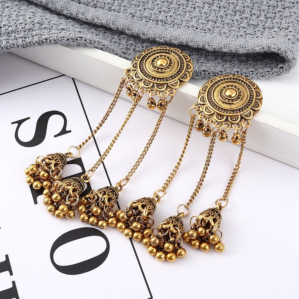 Vintage sunflower triple bell tassel earrings