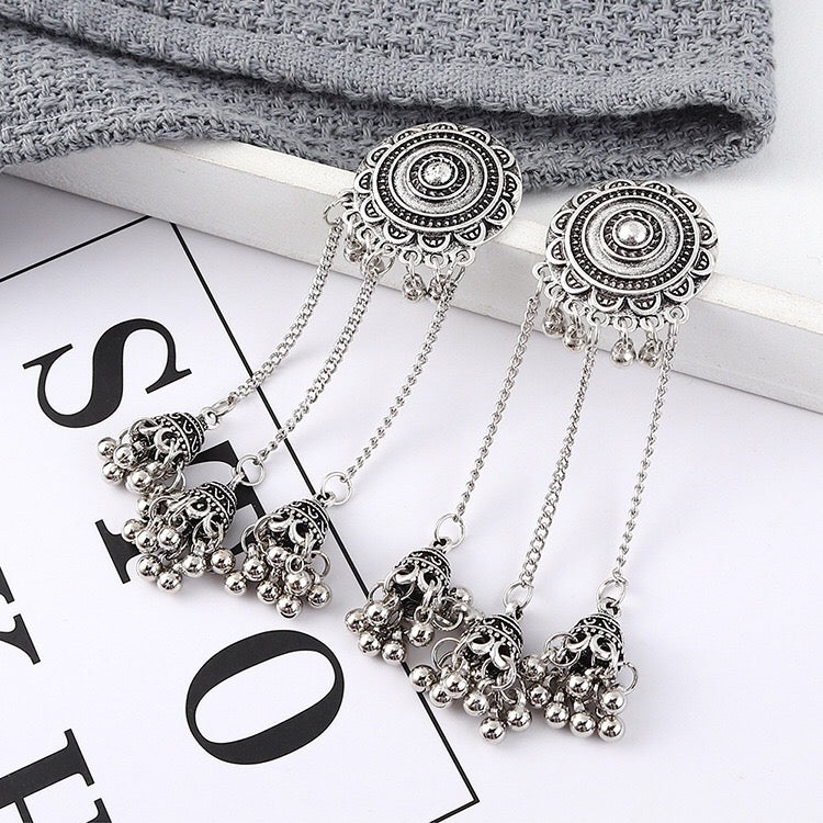 Vintage sunflower triple bell tassel earrings