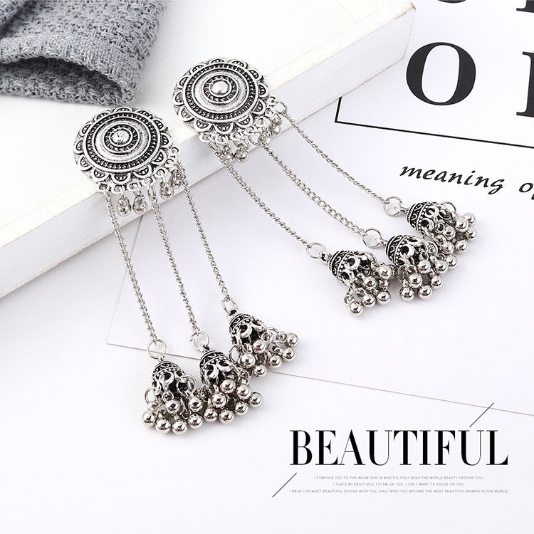 Vintage sunflower triple bell tassel earrings