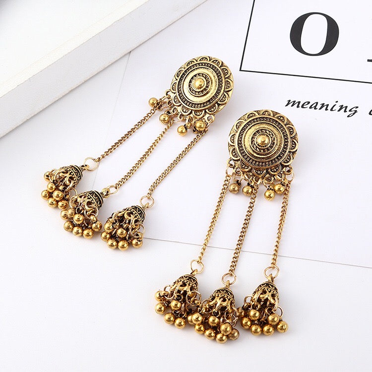 Vintage sunflower triple bell tassel earrings
