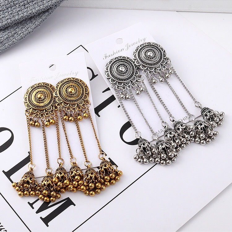 Vintage sunflower triple bell tassel earrings