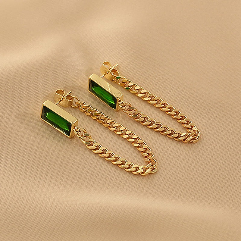 Rectangular Emerald Chain Earrings