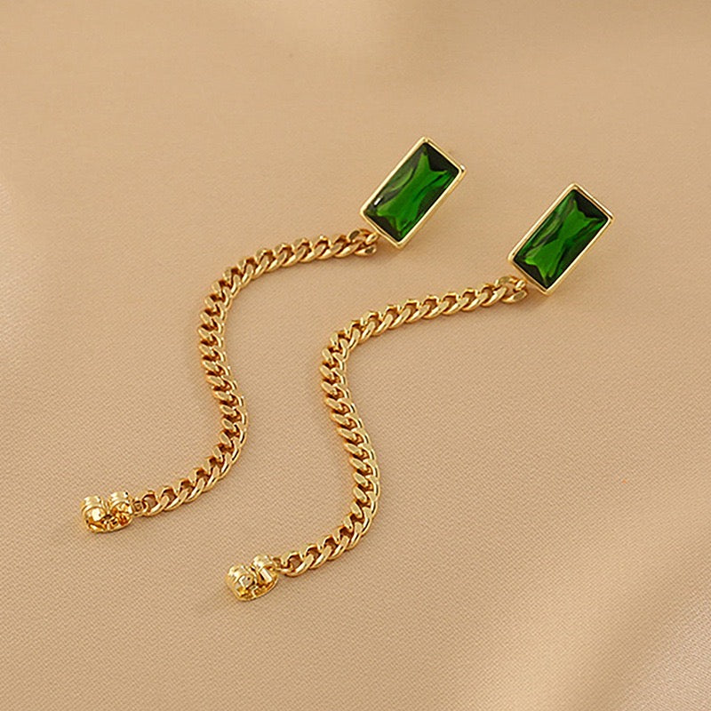 Rectangular Emerald Chain Earrings