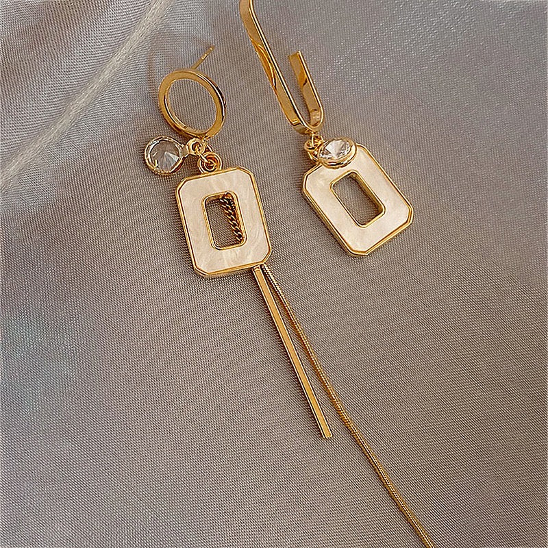 Asymmetric Rectangle Rhinestone Tassel Earrings