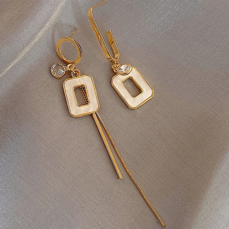 Asymmetric Rectangle Rhinestone Tassel Earrings
