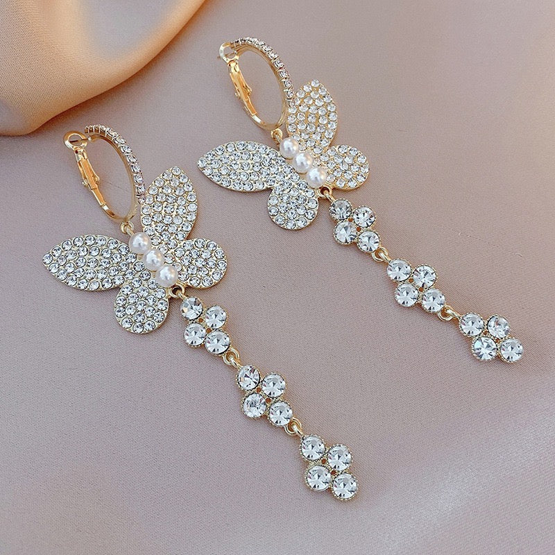 Shiny Big Butterfly with Rhinestone Tassel Earrings