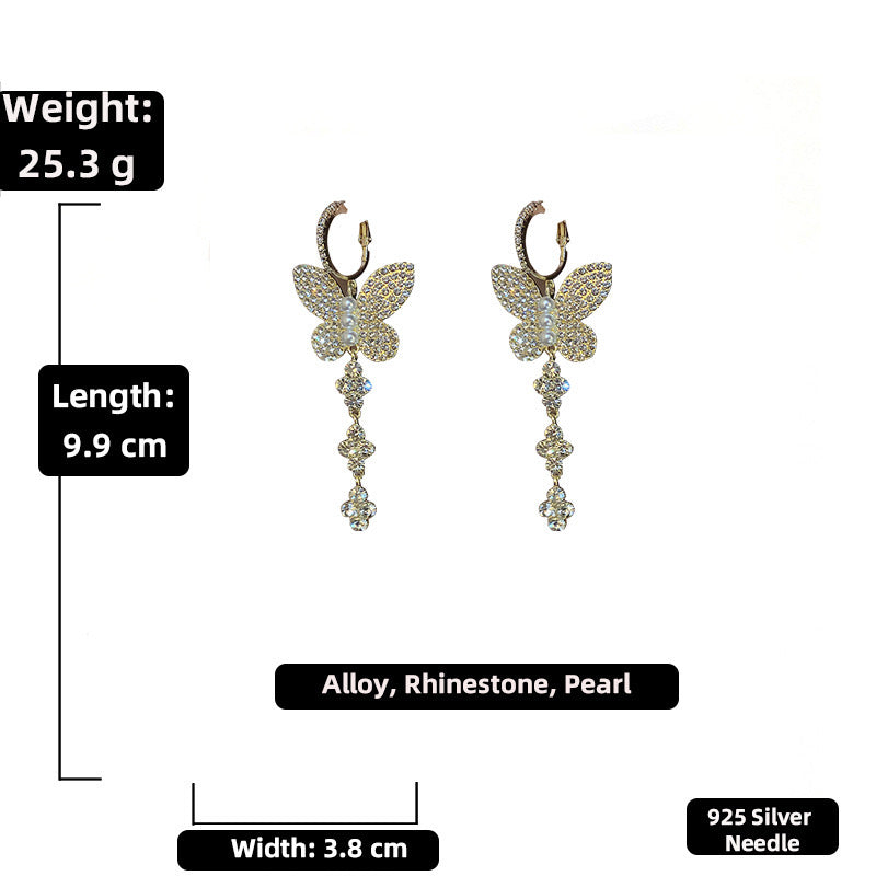 Shiny Big Butterfly with Rhinestone Tassel Earrings