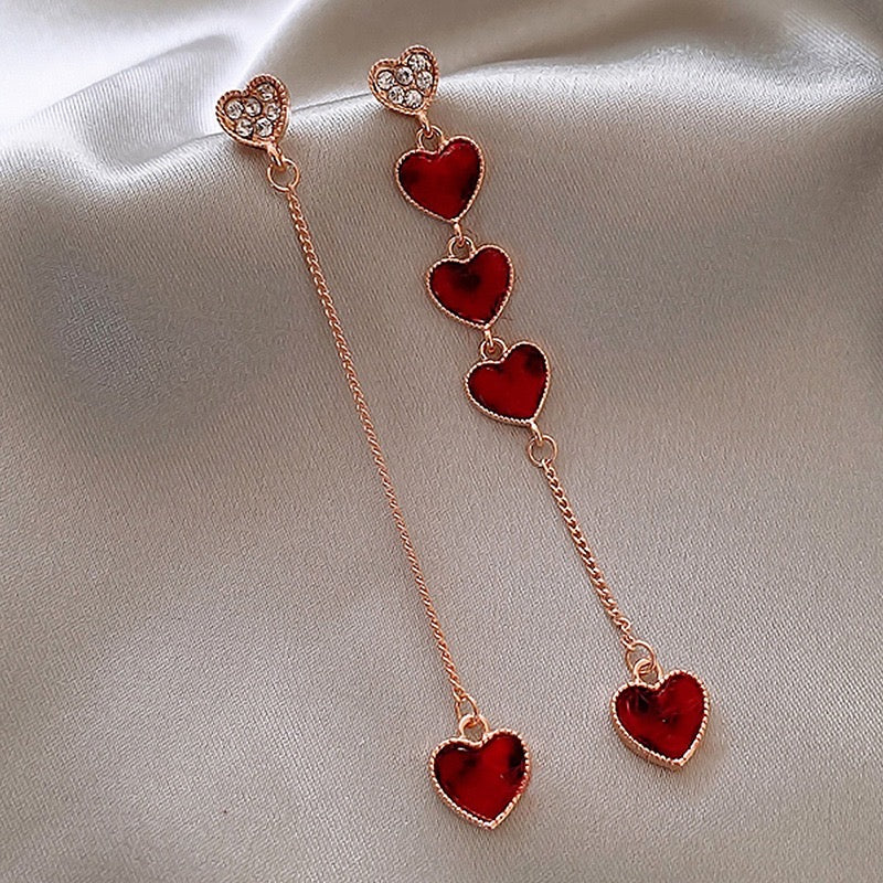 Asymmetric Red Hearts Long Earrings