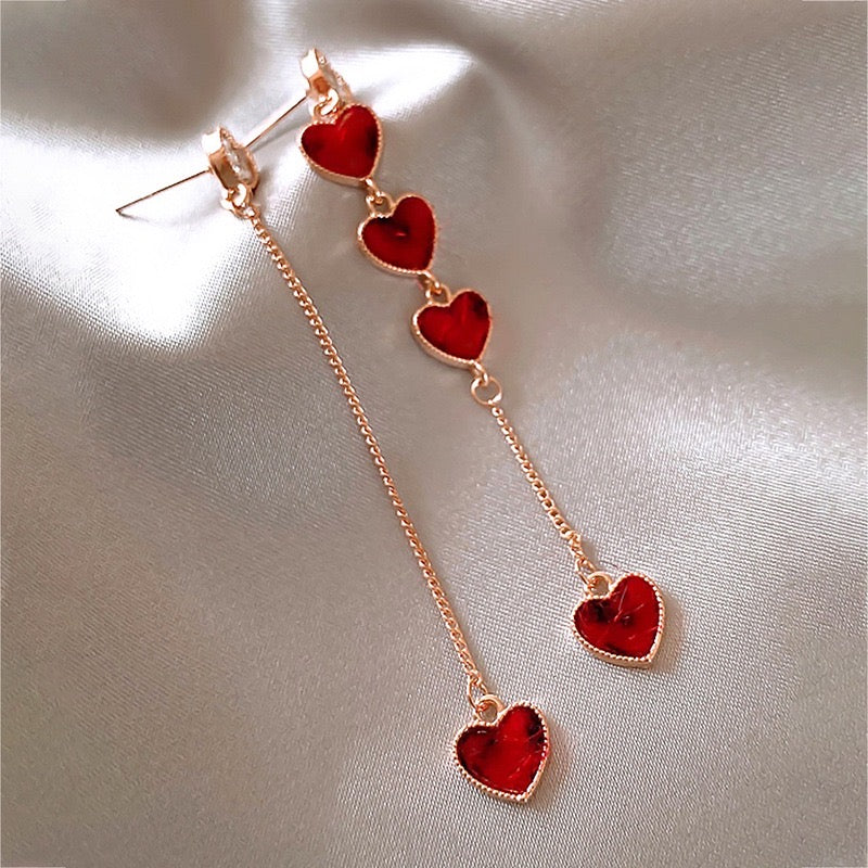 Asymmetric Red Hearts Long Earrings