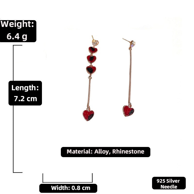 Asymmetric Red Hearts Long Earrings