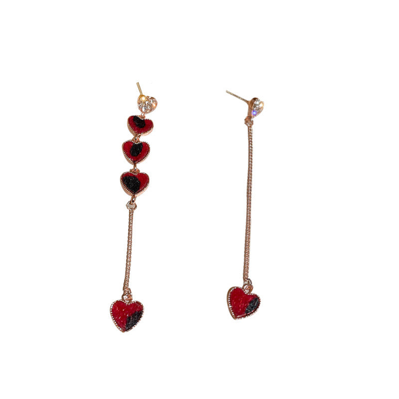 Asymmetric Red Hearts Long Earrings