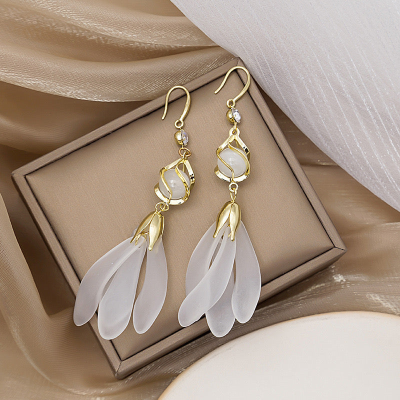 Opal White Flower Petals Earrings
